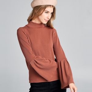 Pleated bell sleeve mock neck top